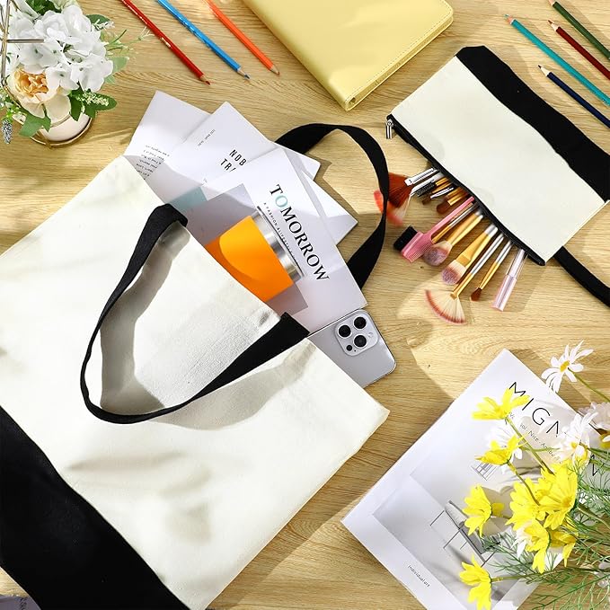Sanwuta 24 Pcs Canvas Tote Bags Bulk with Zipper Cosmetic Bags 18.5" Cotton Canvas Bag with Handles Reusable Shopping Bags