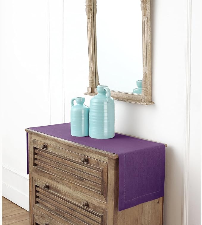 Solino Home Linen Purple Table Runner 60 Inches - Classic Hemstitch, 100% Pure Linen Coffee Table Runner 14 x 60 Inch Ideal for Dresser Tables - Spring, Easter, Valentines