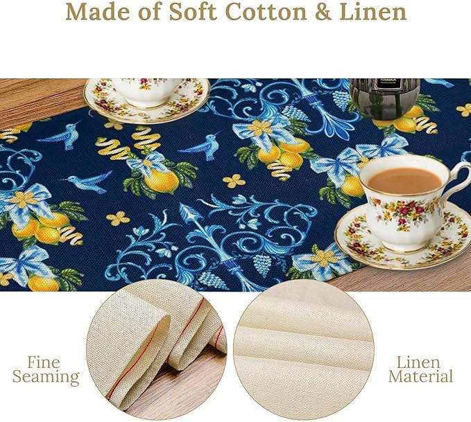 Lemon Fruit Table Runner Nature Bow Farmhouse Talavera Ethnic Folk Rustic Birds Aesthetic Dining Table Decoration for Home Holiday Party Dresser Kitchen Cabin Restaurant Wedding Decor 13×70in