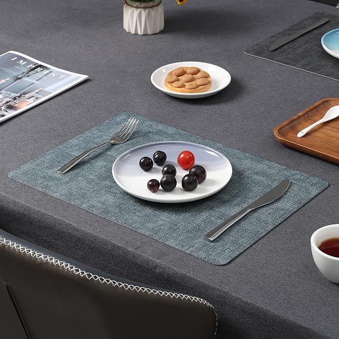 Myir JUN Dual Sided Placemats, Faux Leather Set of 6 Indoor & Outdoor Square Non-Slip Table Mats (Gray Light Blue, Set of 6)