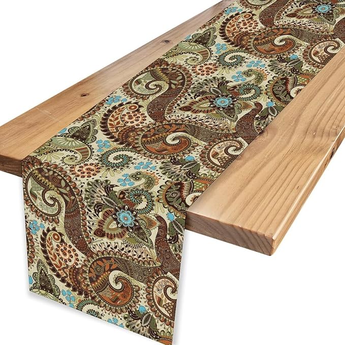 Brown Paisley Table Runner, Rustic Damask Antique Floral Flower Retro Boho Swirled Pattern Vintage Coffee Table Center Decor for Family Kitchen and Living Room Outdoor Table Decorations, 13"x90"