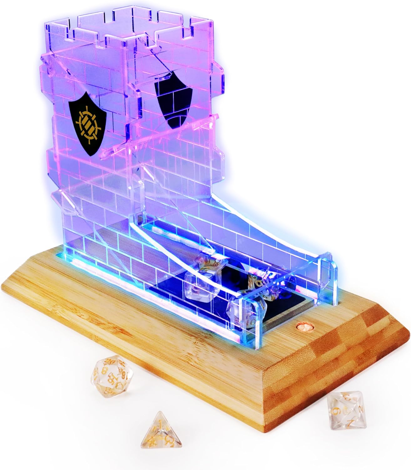 ENHANCE Tabletop LED Dice Tower with 7pc Dice Set for RPG Games - Clear Gaming Set, LED Lit Rolling Tray with Bamboo Base and Castle Tower Design, Roll Up to 14 at Once - Great for Game Night