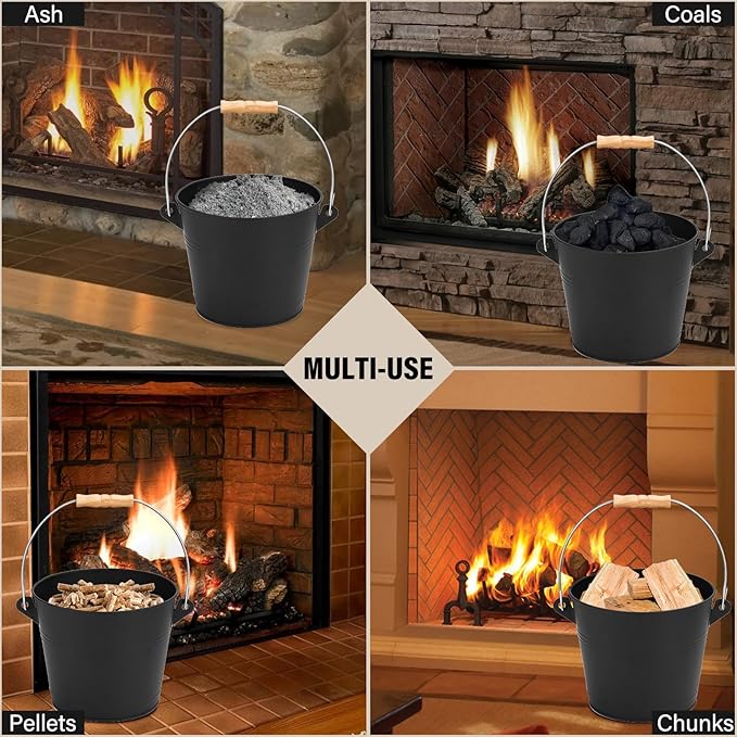 FEED GARDEN Mini Ash Bucket with Lid,Shovel,Broom and Screwdriver, 1.3 Gallon Galvanized Iron Coal Bucket for Fireplace Fire Pits Wood Stoves Indoor Outdoor，Black