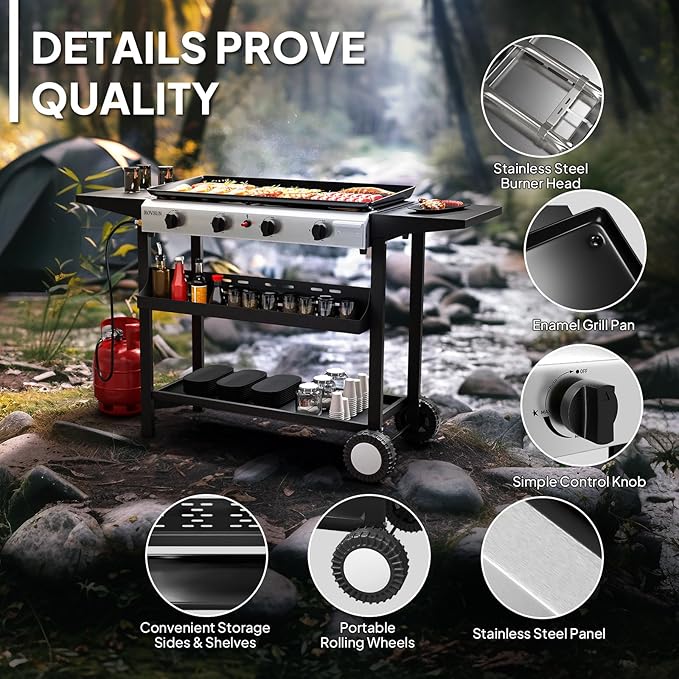 ROVSUN 4 Burner Portable Propane Griddle with Electronic Ignition, 40000 BTU Rolling Flat Top Gas Grill with Nonstick Enameled Tray, Side Shelves & Regulator for Outdoor Cooking Camping BBQ Tailgating