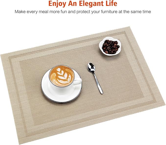 Placemats Set of 12,Washable,Heat and Stain Resistant Indoor/Outdoor Place mats,Vinyl Woven Non Slip Table Mats for Restaurant Table Protection,PVC Placemats(Beige,12PCS)