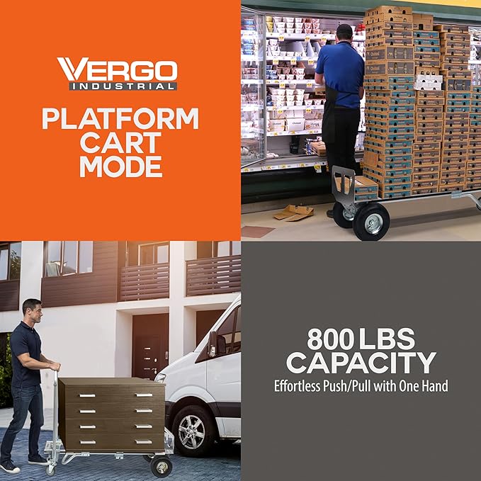 Vergo Industrial Convertible Hand Truck - AS7B Heavy Duty Aluminum 2 in 1 Dolly (800 lb Capacity) Lightweight Reinforced Frame, Ergonomic Handle, Superior Mobility Moving Dolly (2 Positions, 63" High)