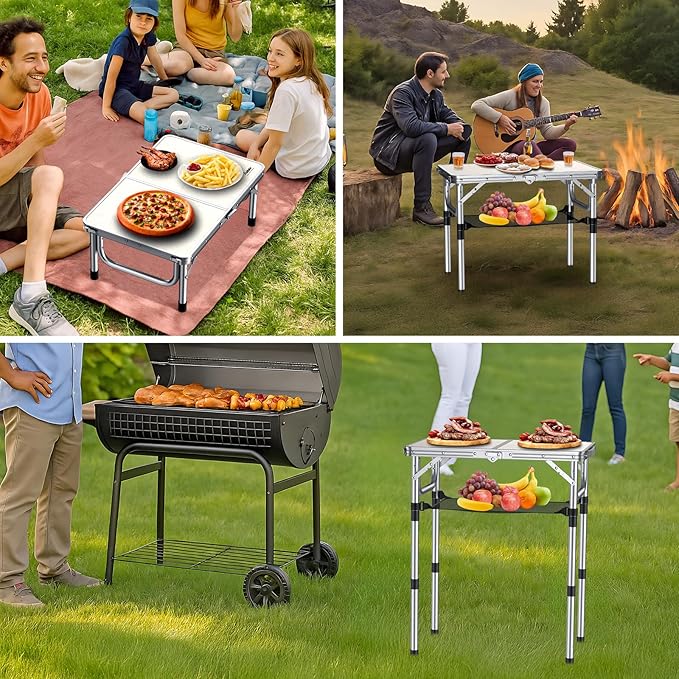 Anbte Folding Camping Table, Aluminum 24" x 16" Adjustable Height Small Folding Table with Carrying Handle, Lightweight, Portable Camping Table Waterproof for Outdoor Indoor Picnic Beach BBQ, Silver