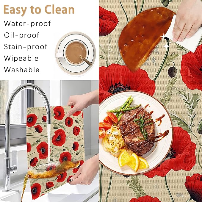 Poppy Flowers Placemats Set of 6,Red Bright Table Mates Non-Slip Heat Resistant Washable Linen Place Mats for Party Kitchen Dining Decoration Indoor Outdoor 12"x18"