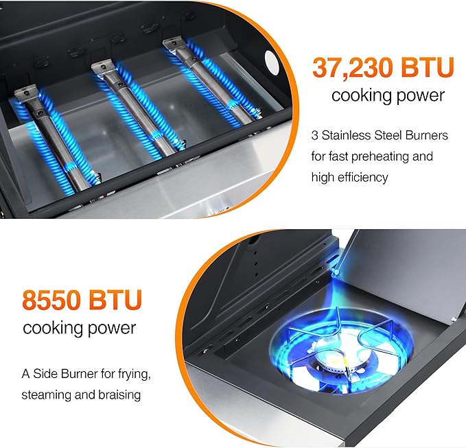 3-Burner Propane Grill - 37,230 BTU BBQ with Side Burner | Porcelain Cast Iron Grates | Stainless Steel Outdoor Grill for Backyard, Camping, Tailgating (Fast Heating & Easy Clean)