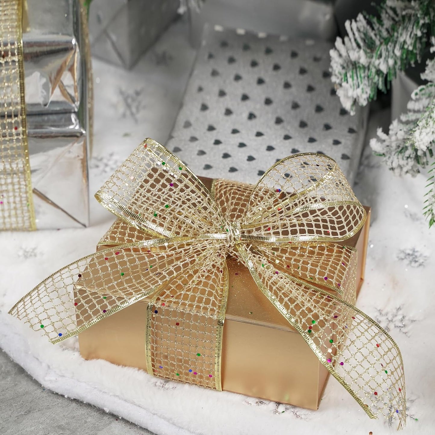 MEEDEE Champagne Gold Glitter Ribbon - 2.5 Inch Square Mesh Net Wired Ribbon with Rainbow Sparkle for Christmas Tree Decoration, Wreath Bow Making (25 Yards)