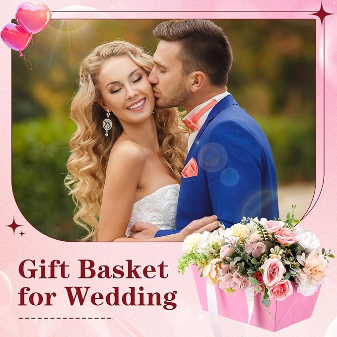 Glenmal 72 Pcs Baskets for Gifts Waterproof Empty Kraft Basket Bulk with Handles 9.8 x 6.5 x 4.3'' Gift Basket Empty to Fill for Wedding Party Christmas Valentines(Pink)