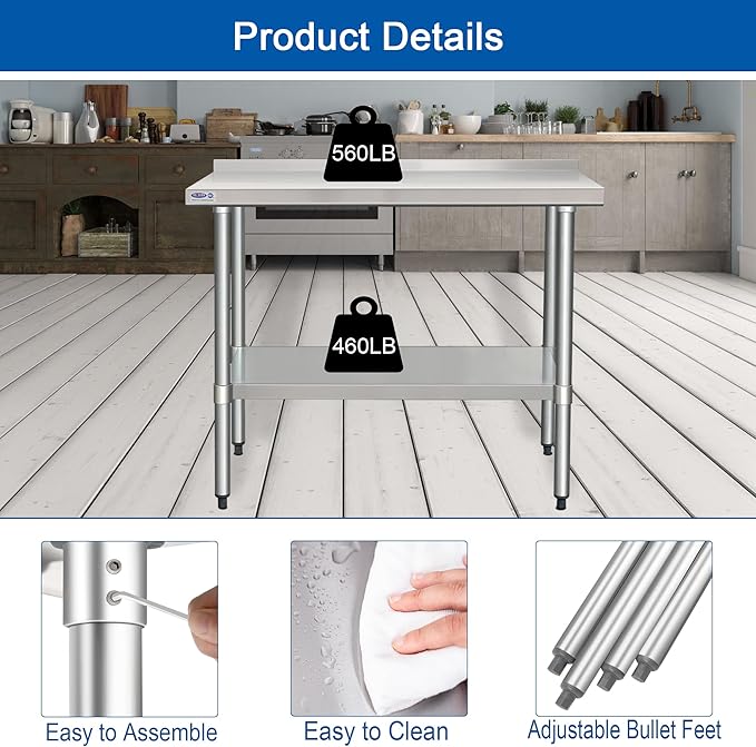 HARDURA Stainless Steel Table with Backsplash Metel Prep Table Commercial Kitchen Workbench 24x60 Inches NSF
