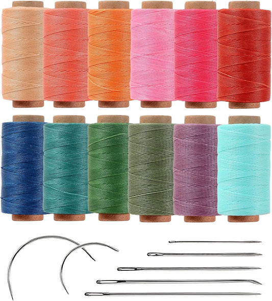12 Colored Waxed Polyester Thread, 0.45mm Thinner Diameter, 115 Yards/Spool, Wax Coated String Cord for Leather Sewing, Upholstery, Stitching, Binding, Beading, Stringing, and Crafting