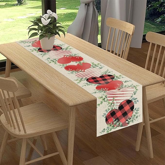 Valentines Day Table Runner,Vintage Rustic Sweet Heart Leaves Valentines Day Buffalo Plaid Runner for Table Seasonal Fresh Decor for Indoor Outdoor Dining Table Decorations, 13"x108"