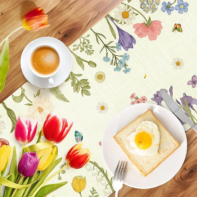 Summer Flower and Leaf Table Runner Seasonal Holiday Anniversary Indoor Outdoor Home Kitchen Table Party Decor (Colorful Flowers 4, 13×72 Inches)