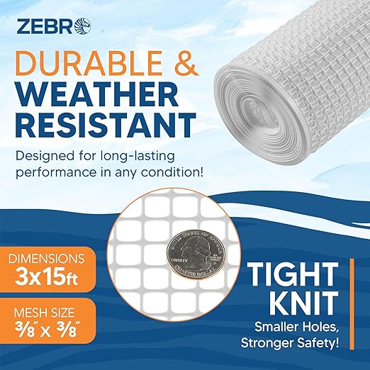 ZEBRO Plastic Hardware Mesh Screen & Fence Roll (3' x 25' - White) for Balcony, Patio & Porch - Safety Barrier to Protect Pets & Kids Around the Home