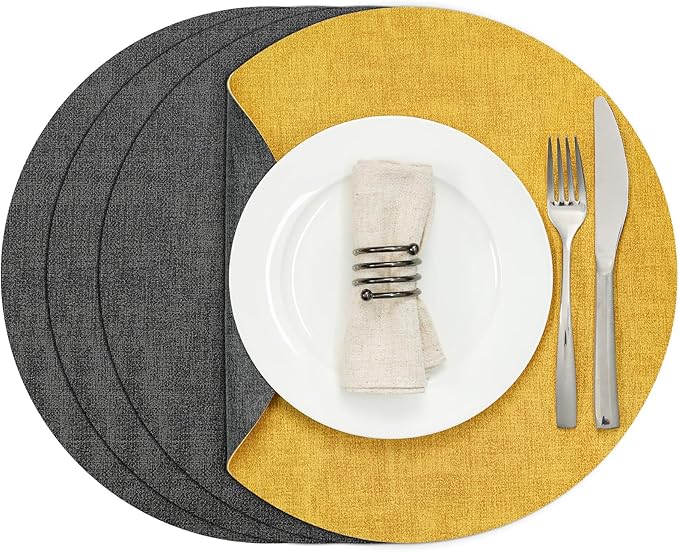 Myir JUN Round Placemats, Dual Sided Faux Leather Place Mats Set of 4 Indoor/Outdoor Non-Slip Washable Table Mats (Gray Yellow)