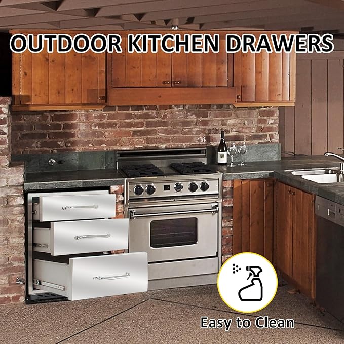 Outdoor Kitchen Drawers 18" W x 21" H x 23" D Flush Mount Triple BBQ Drawers with Chrome Handle Stainless Steel Drawer for Outdoor Kitchen Island, Patio Grill Station