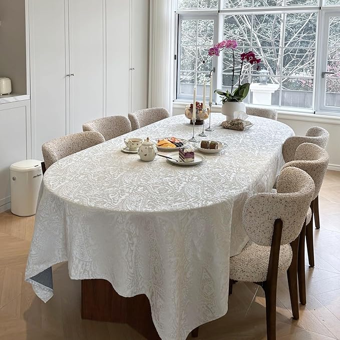 Jacquard Square Tablecloth, Thick Kitchen Dining Table Cloth for Square or Round Tables, Waterproof Decorative Fabric Table Cover for Outdoor and Indoor, 60x60 Inch Milky White