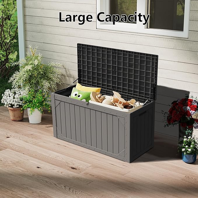100 Gallon Outdoor Storage Box Waterproof,Resin Deck Box Storage Bin for Cushion Patio Furniture, Pool Accessories, and Garden Tools, Lockable & UV-Resistant, Black