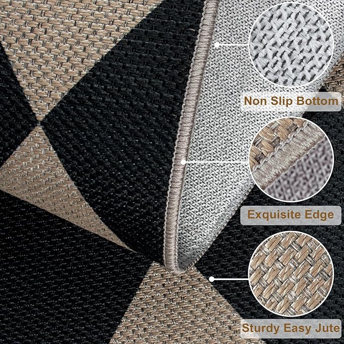 Easy Jute Black Checkered 5x7 Area Rug, Washable Modern Outdoor Rug for Patio Non-Slip Diamond Rugs for Living Room, Neutral Farmhouse Floor Carpet for Bedroom Dining Room Classroom