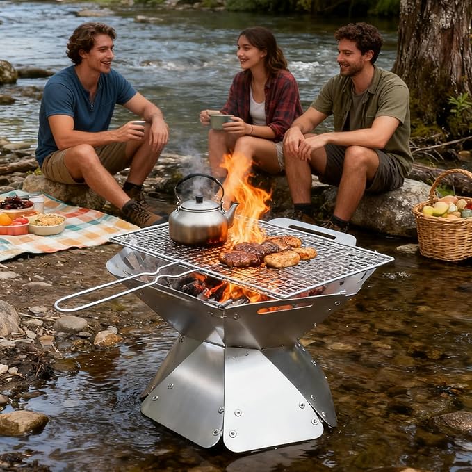Portable Fire Pit - Foldable Stainless Steel Camping Fire Bowl & Grill - Compact Bonfire Pit for Backyard, Patio, Garden Parties & Camping Trips, 12.6 Inch