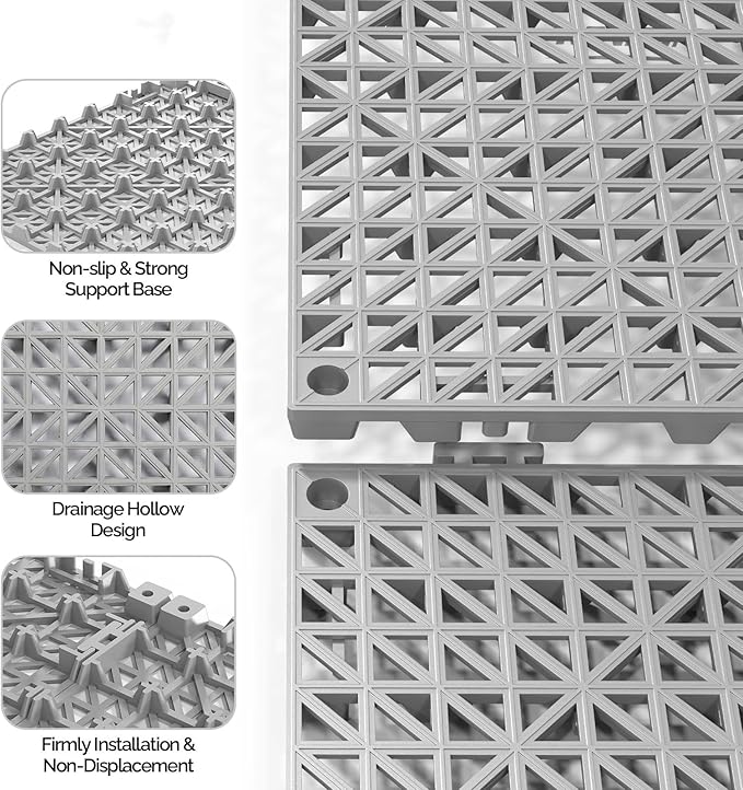 Bonnlo Grey Interlocking Drainage Mat, 12''*12'' Anti-Fatigue Floor Mat, Restaurant Kitchen Mat, Cushioned Tiles, Non-Slip Garden Tile for Poolside, Wet Area, Deck and Bathroom Use