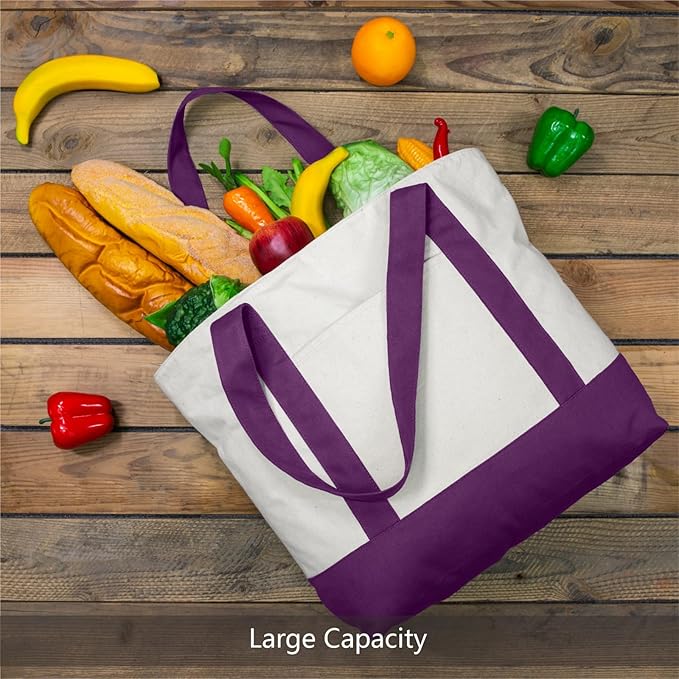 TOPDesign 1-Pack Canvas Tote Bag with an External Pocket, Reusable Grocery Shopping Bag, Top Zipper Closure, Daily Essentials (Purple/Natural)