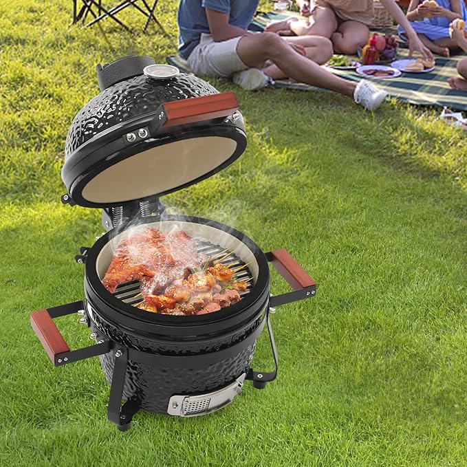 13 Inch Ceramic Charcoal Grill, Portable BBQ Smoker for Grilling & Smoking, Outdoor Patio Backyard Cooking, Movable Ceramic Barbecue Grill with Temperature Gauge