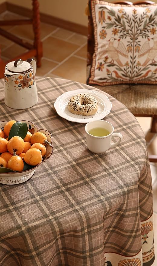 Vintage Brown Checkered Round Tablecloth,Italian Style Wrinkle Resistant Linen Tablecloths,Decor Table Cover for Kitchen,Dining,Tea Party,Thanksgiving,Christmas,Diameter 67"-Seville