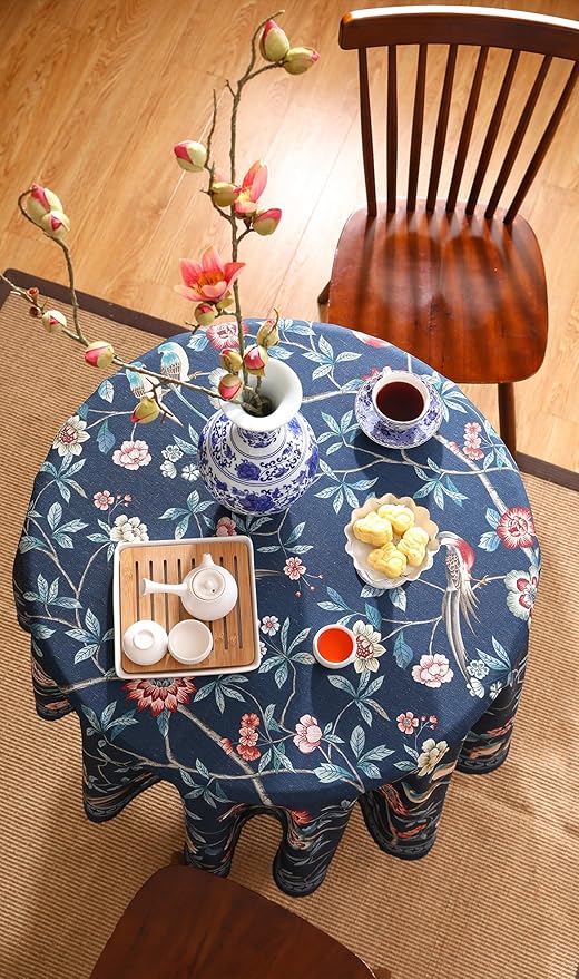 patdrea Designer Vintage Dark Blue Linen Round Tablecloth,Navy French Floral and Birds Pattern Table Cloth,Decoration Table Cover for Kitchen,Dining,Tea Party,Home,Christmas,Diameter 55"