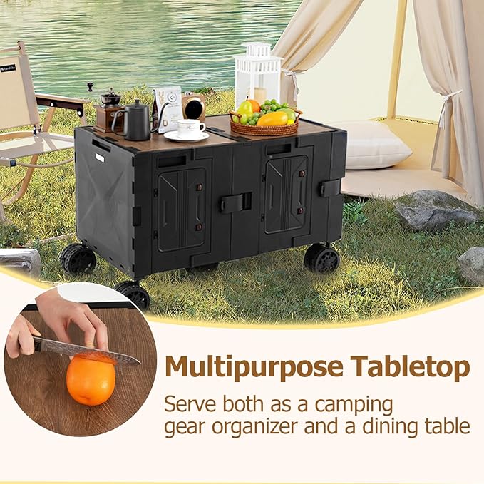 Goplus Large Foldable Utility Cart w/ 2-Tier Storage Crates, 5 Rotate Wheels, Metal Telescoping Handle, Portable Rolling Trolley Collapsible Cart for Grocery Shopping Camping & Travel