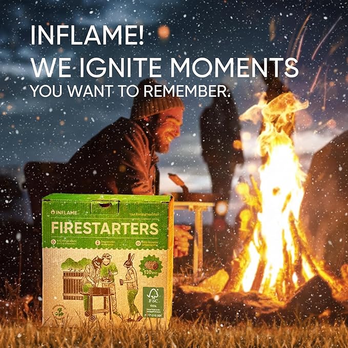 Inflame Fire Starters 130 pcs Fire Starters for Campfires, Grill, BBQ, Fireplace, Woodstove - Charcoal Starter - Waterproof, Weather-Resistant - Natural Wood Fireplace Starters