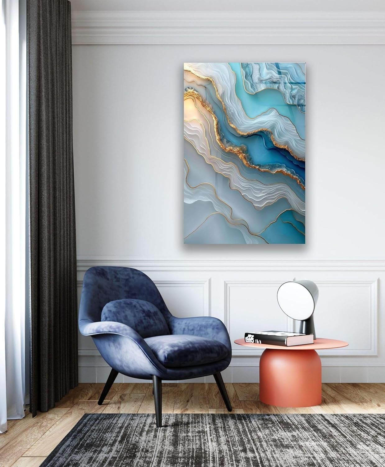 My Photostation.com 32Wx48H'' Turquoise and Blue Alcohol ink Glass Wall Art Tempered Glass Printing Wall Decor Large Wall Art Wall Hangings