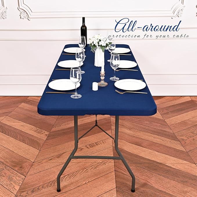 10 Pack Stretch Fabric Table Top Cap Cover, fits 6Ft Tables, Spandex Table Covers Washable Elastic Universal Rectangle Tablecloth Protector for Outdoor Party Picnic Wedding, Navy Blue, 30" W x 72" L
