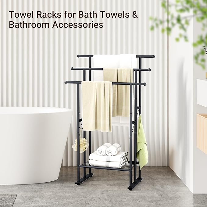 ELYKEN 3 Tier Standing Towel Rack, 40'' Tall Towel Drying Rack Outdoor, Freestanding Floor Towel Rack with Shelf, Pool Towel Blanket Stand, Metal Towel Racks for Bathroom freestanding, Matte Black