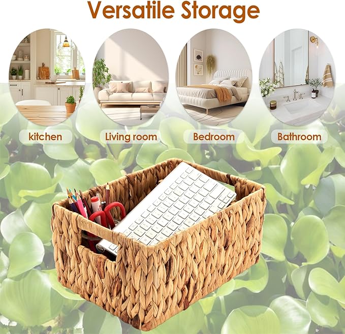 Wicker Baskets 2 Pack, Water Hyacinth Wicker Storage Basket with Handles, Large Rectangular Wickers Baskets for Organizing, Natural