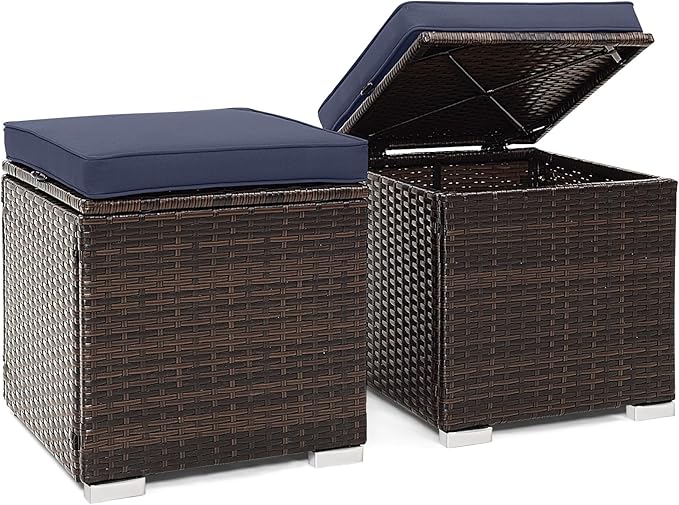 Tangkula 2 Pieces Patio Ottomans, Patiojoy Hand-Woven PE Rattan Side Table with Removable Cushion & Hidden Storage Space, Multifunctional Storage Box, Seat for Patio, Backyard, Poolside (Navy)