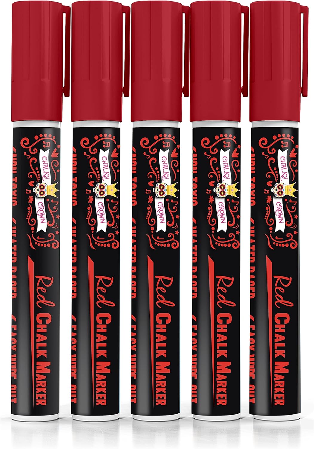 CHALKY CROWN Liquid Chalk Marker Pen - Dry Erase Marker - Chalk Markers for Chalkboard Signs, Windows, Blackboard, Glass - 6mm Reversible Tip (Red, 5 Pack)