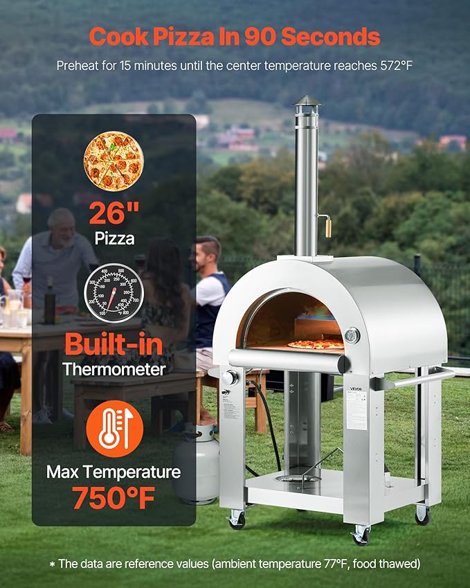 VEVOR Dual Fuel Pizza Oven Outdoor, 26 in Portable Pizza Oven, Pellet & Gas Powered Outdoor Pizza-Maker with Thickened Cordierite Pizza-Stone, Easy to Move with Casters, for Camping and Backyard