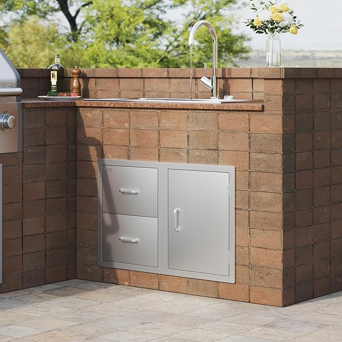VEVOR Outdoor Kitchen Door Drawer Combo, 32.5" Wx21.7 Hx20.5 D, Access Door Double Drawers with Paper Towel Rack, BBQ Island Drawers with Stainless Steel Handles, 30.7" Wx20 Hx21 D Cutout Size