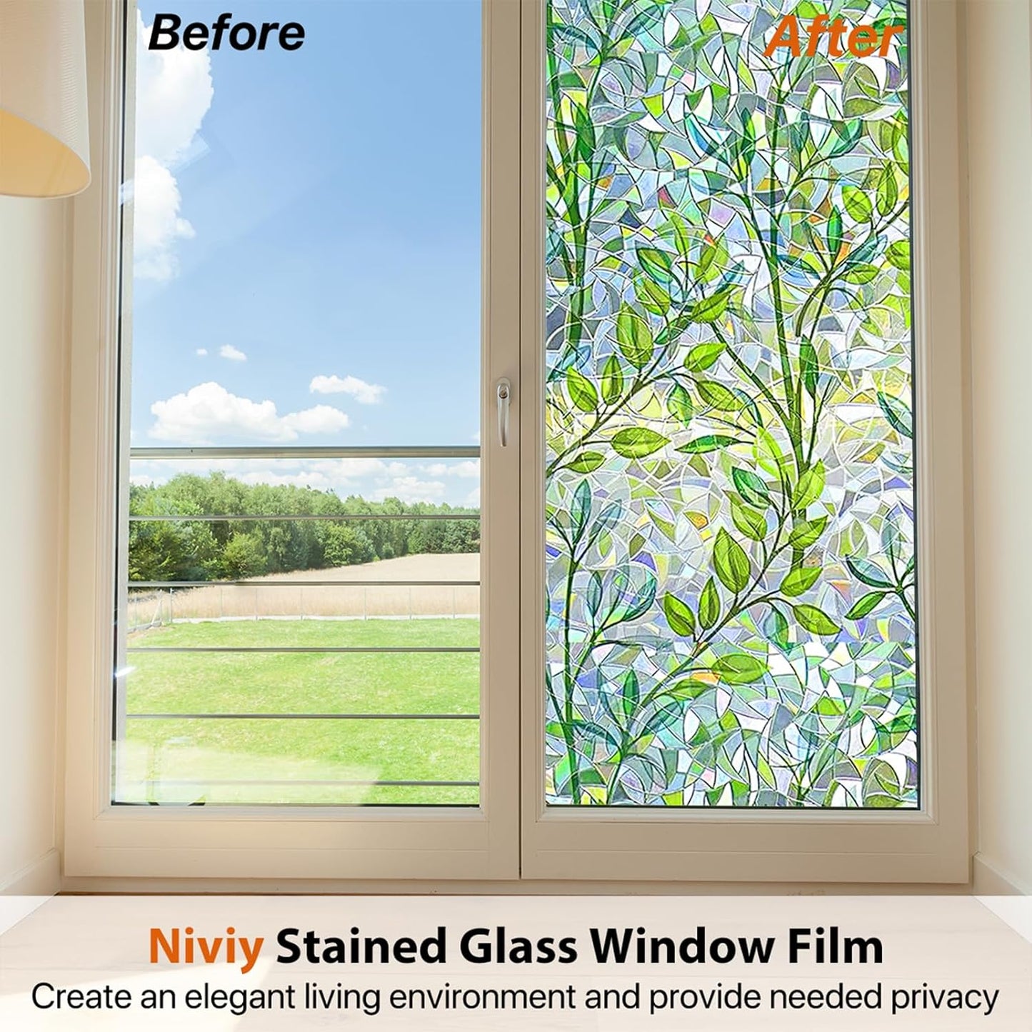 Niviy Window Privacy Film Stained Glass Window Film with Installation Tools, Rainbow Windows Decorative Decals Non-Adhesive Reusable for Home, Bathroom, Glass Door (Leaf Rainbow, 17.5 x 118 in)