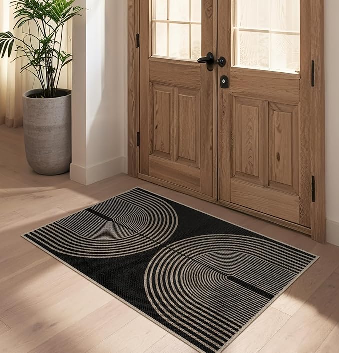 Easy Jute Rainbow Entryway Rug, 2.6x4 Black Washable Non-Slip Indoor Outdoor Doormat, Boho Farmhouse Neutral Kitchen Rug Modern Abstract Throw Rugs for Entrance Bedroom Bathroom