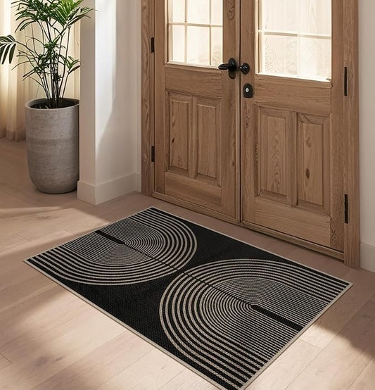 Easy Jute Rainbow Entryway Rug, 2.6x4 Black Washable Non-Slip Indoor Outdoor Doormat, Boho Farmhouse Neutral Kitchen Rug Modern Abstract Throw Rugs for Entrance Bedroom Bathroom