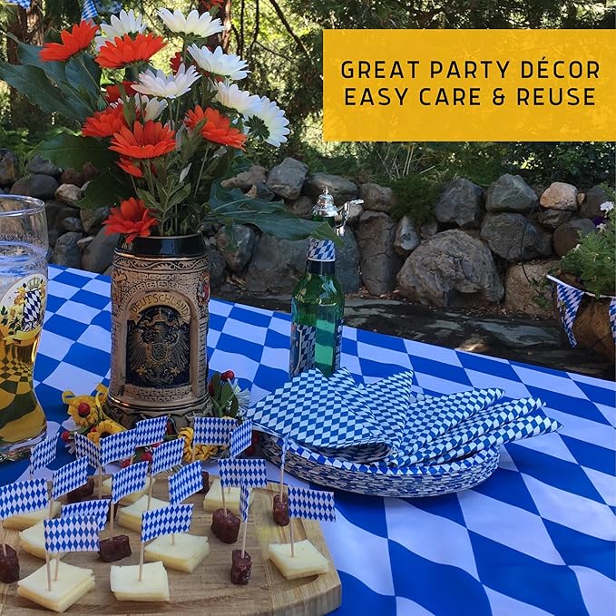 Blue & White Oktoberfest Tablecloth 54" x 72" – Bavarian Checkered Polyester Table Cover – Oktoberfest Decorations for Party, German Theme Party Supplies, Reusable & Durable | OktoberfestHaus