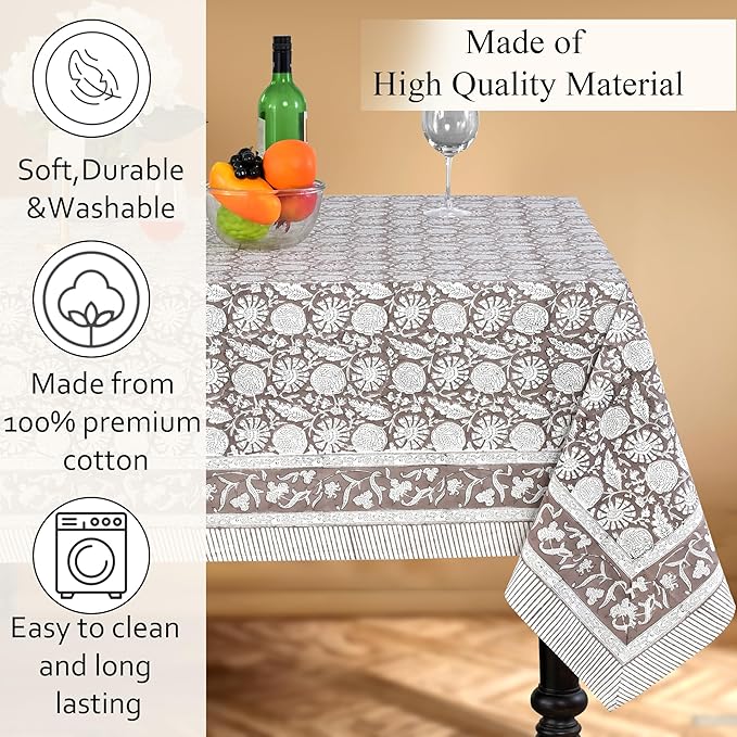 CPC Rustic Brown Tablecloth 100% Cotton 70x118 Inch Indian Block Print Rectangle Table Cover, Table Cloth for Gifting in Weddings, Halloween, Fall, Christmas, Thanksgiving