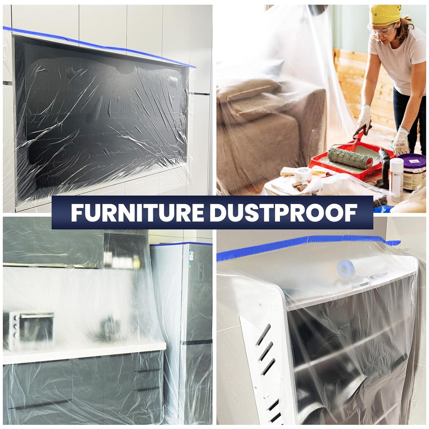 ADHES Painters Plastic with Tape, 48 inch x 90 feet x 3 Rolls Painters Tape with Plastic Attached, Pre Taped Masking Film Tape and Drape for Automotive Painting Covering