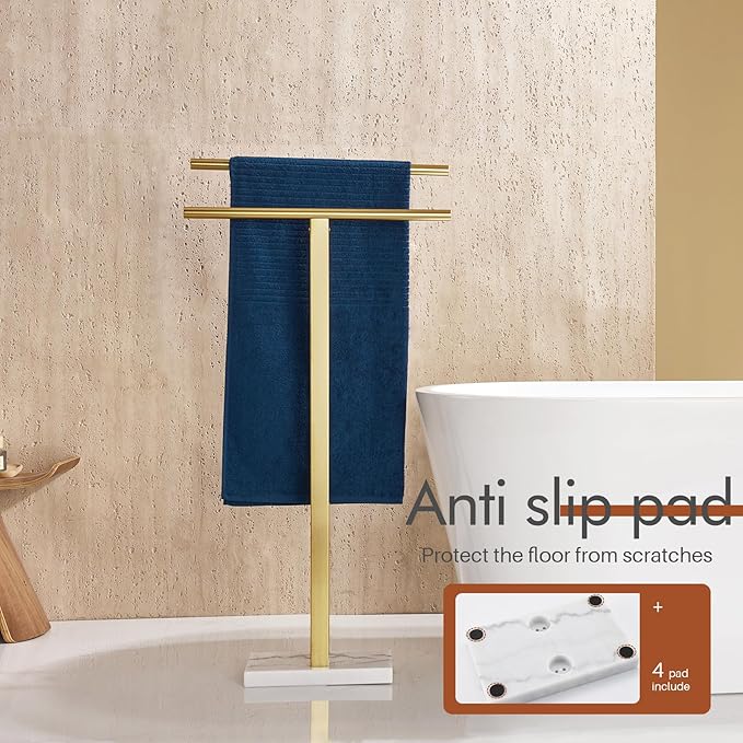 KOKOSIRI Standing Towel Rack for Bathroom Floor 2-Tier Towel Holder Free Stand with Heavy Marble Base Thicken Steady Design Gold Stainless Steel THS0005-BG