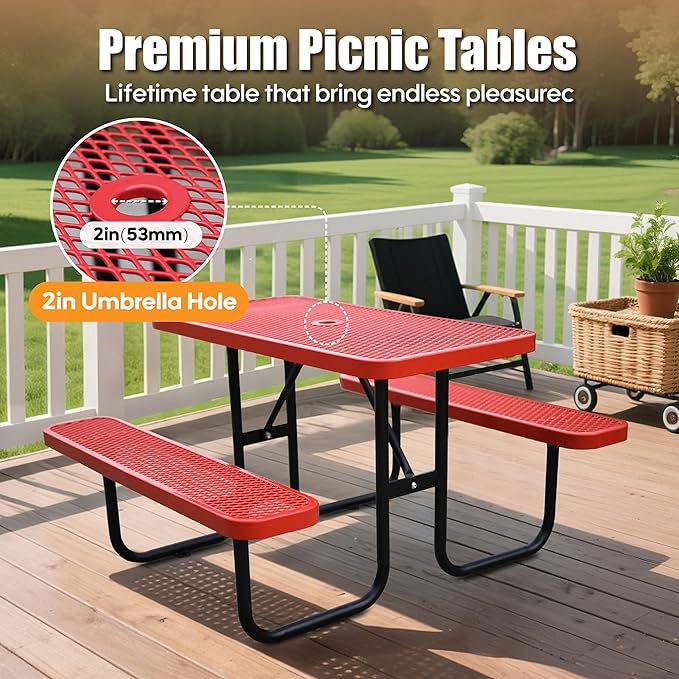 4FT Rectangular Metal Picnic Table for Outdoors, Commercial Steel Metal Picnic Tables, Heavy Duty Sturdy Picnic Tables Furniture Set for Patio Garden Courtyard BBQ, with Umbrella Hole, Red