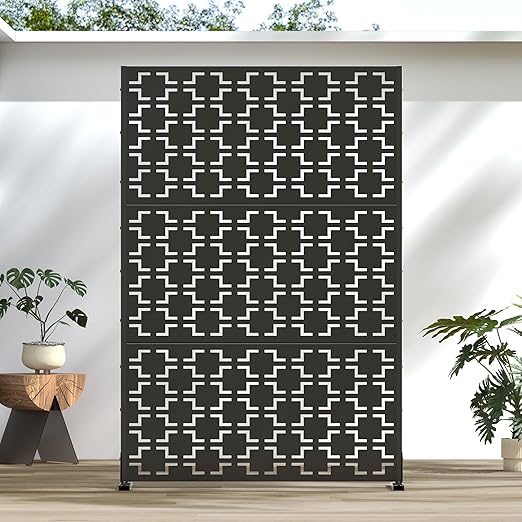 Casaphoria 72" H x 47" W Metal Outdoor Privacy Screen, Freestanding Decorative Divider for Patio, Deck, Balcony, and Garden with Stable Base, Black-Square